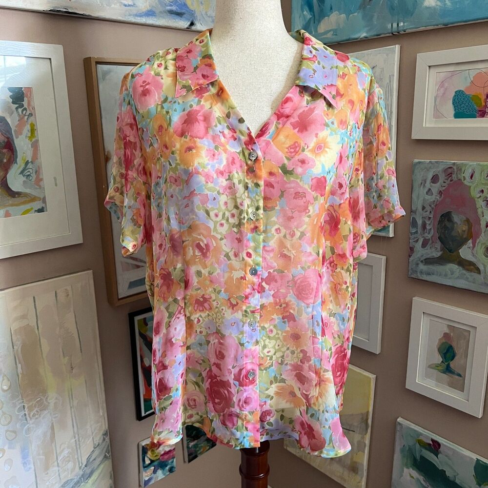 Apparenza Sheer Floral Button Down Blouse Layering Watercolor Artsy Size 1X